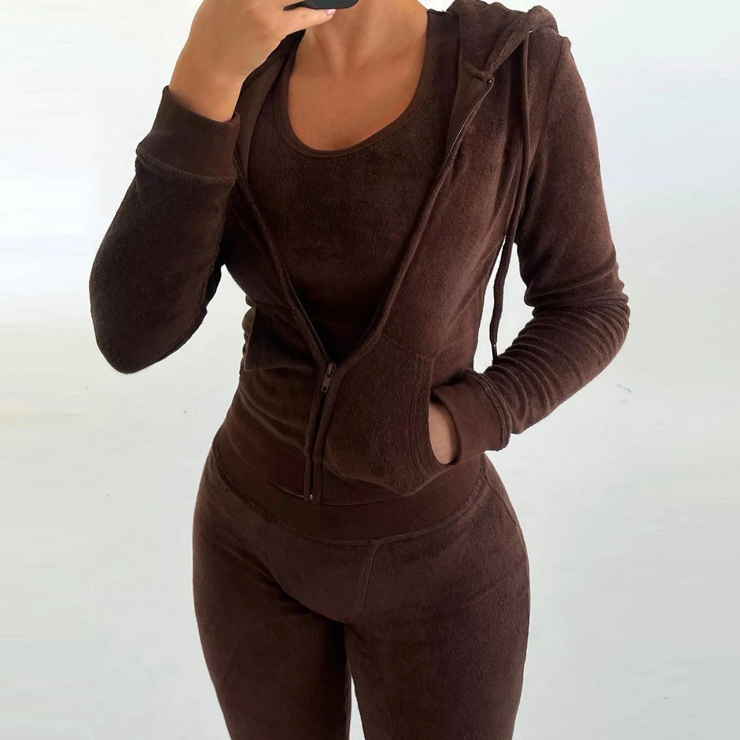 Autumn Winter Double-sided Velvet Vest 3 Piece Set For Woman's Fashion Hooded Sweatshirt Jacket Slim Pocket Trousers Female Suit