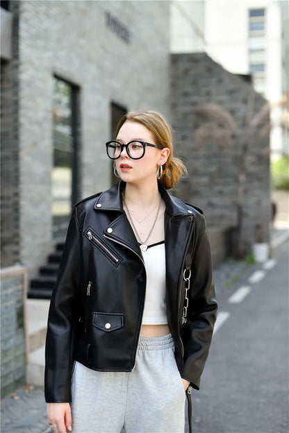 ZVRI classic black Spring and Autumn 2023 The new belt detachable epaulet motorcycle jacket leather jacket