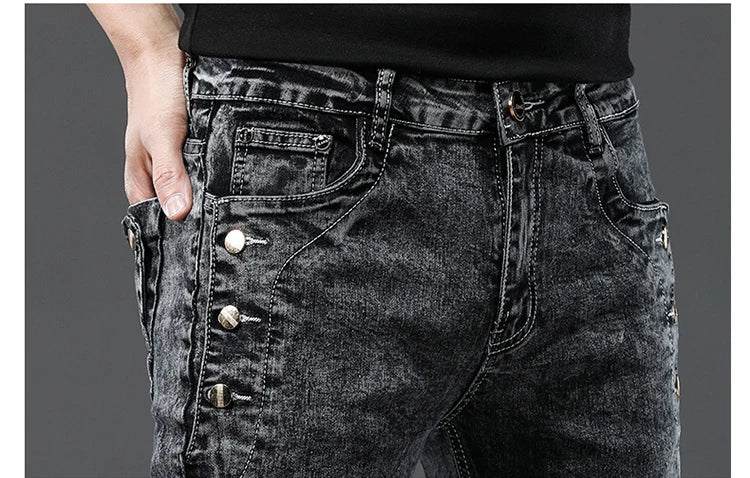 Classic Slim Vintage Fashion Men's Designer Jeans Snowflake Grey Wash Korean Fashion Stretch Pants Multi-button Denim Trousers