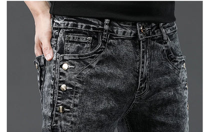 Classic Slim Vintage Fashion Men's Designer Jeans Snowflake Grey Wash Korean Fashion Stretch Pants Multi-button Denim Trousers