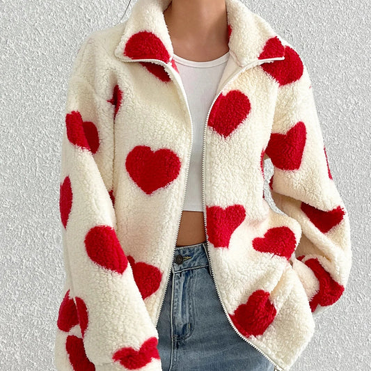 Women’s Fleece Heart-Print Zip Jacket