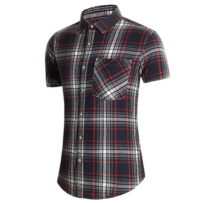 Striped Plaid Short Sleeved Shirt Men's Single-breasted Square Collar Cotton Shirts Summer Fashion Casual Camisa Men Chemise 7XL
