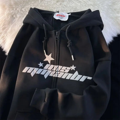 Star Print Hoodies Women's Y2K Street Hip-Hop Zipper Sweatshirt Couple Loose Cashmere Hoodie Cardigan Unisex Casual Coat Women's