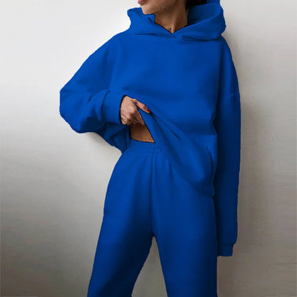 Autumn Winter Casual Thickened Sports Hooded Sweatshirt Trousers Suit Women's Fashion Loose Pocket Female Trousers 2 Pieces Set