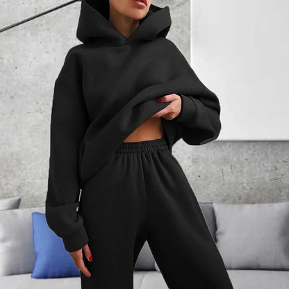 Autumn Winter Casual Thickened Sports Hooded Sweatshirt Trousers Suit Women's Fashion Loose Pocket Female Trousers 2 Pieces Set