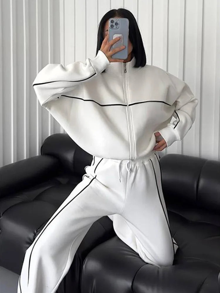 Jacket Women Tracksuit Wide Leg Pants Two Pieces Set Half High Neck Zippers Cardigan Outerwear Drawstring Pockets Matching Set