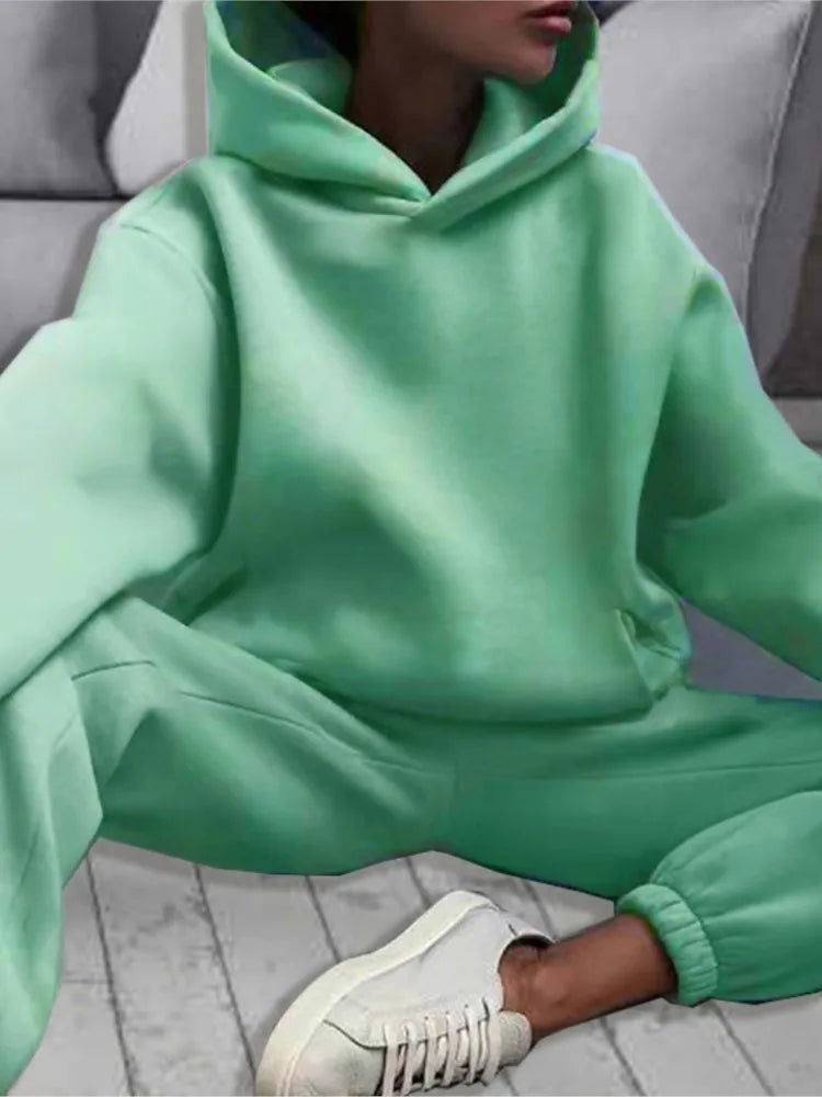 Autumn Winter Casual Thickened Sports Hooded Sweatshirt Trousers Suit Women's Fashion Loose Pocket Female Trousers 2 Pieces Set