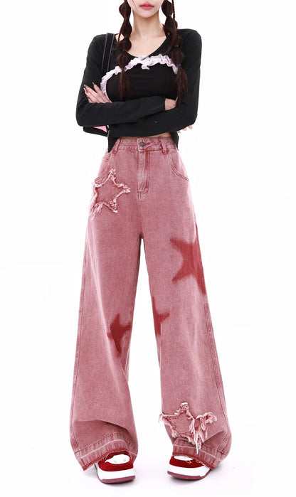 American Retro Jeans Five-point Star Raw Edge Splicing Loose Wide-leg Jeans Women Look Thin Trendy All-match Mopping Pants Women
