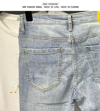 Summer Autumn Korean Designer Luxury Clothing Embroidered Slim Pencil Jeans Men Vintage Washed Casual Streetwear Cotton Trousers