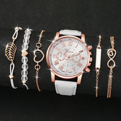 6PCS/Set Women's Watch  Fashion Roma Dial Quartz Watches Bracelets Set (Without Box)