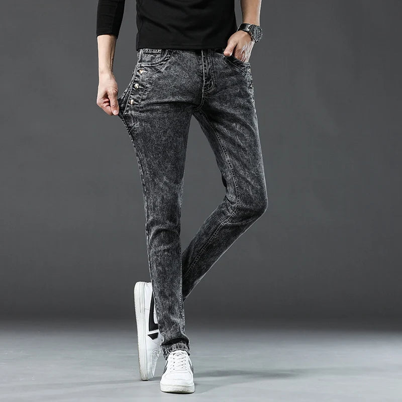 Classic Slim Vintage Fashion Men's Designer Jeans Snowflake Grey Wash Korean Fashion Stretch Pants Multi-button Denim Trousers