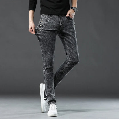 Classic Slim Vintage Fashion Men's Designer Jeans Snowflake Grey Wash Korean Fashion Stretch Pants Multi-button Denim Trousers