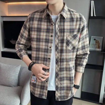 Men's Long Sleeved Checkered Shirt, Korean Slim Fit Jacket, Casual Student Trend Shirt, Lining
