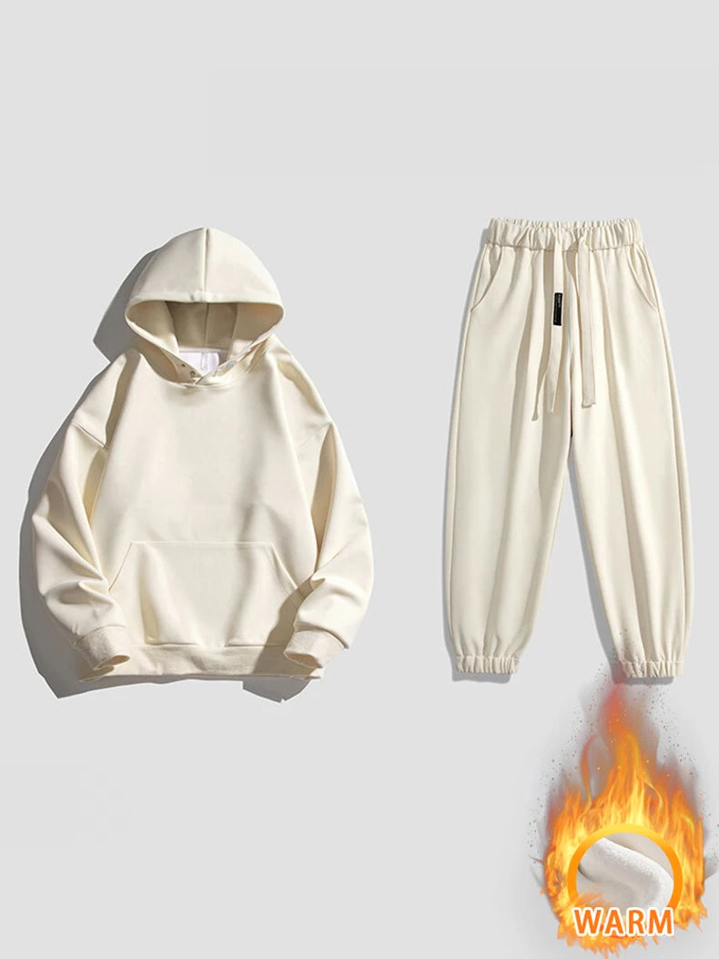 Spring Autumn Men Suit Thickened Warm Windproof Hooded Long Sleeve Trouser Solid Color Casual Sports Two Piece Running Sport Set