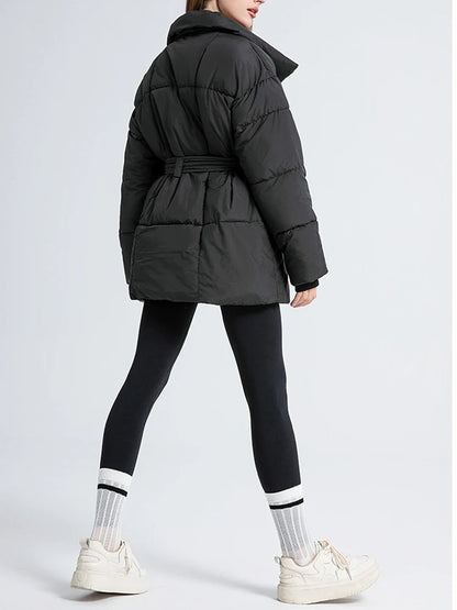 LANMREM Women's Parkas Solid Color Warm Cotton Padded Coat Jacket Belt Gathered Waist Female Fashion Winter Clothing 2DB1775