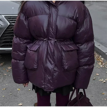 Fashion Burgundy Winter Warm Thicken Zipper Jacket Women Chic Stand Collar Pocket Cotton Coat 2024 Autumn Winter Lady Streetwear