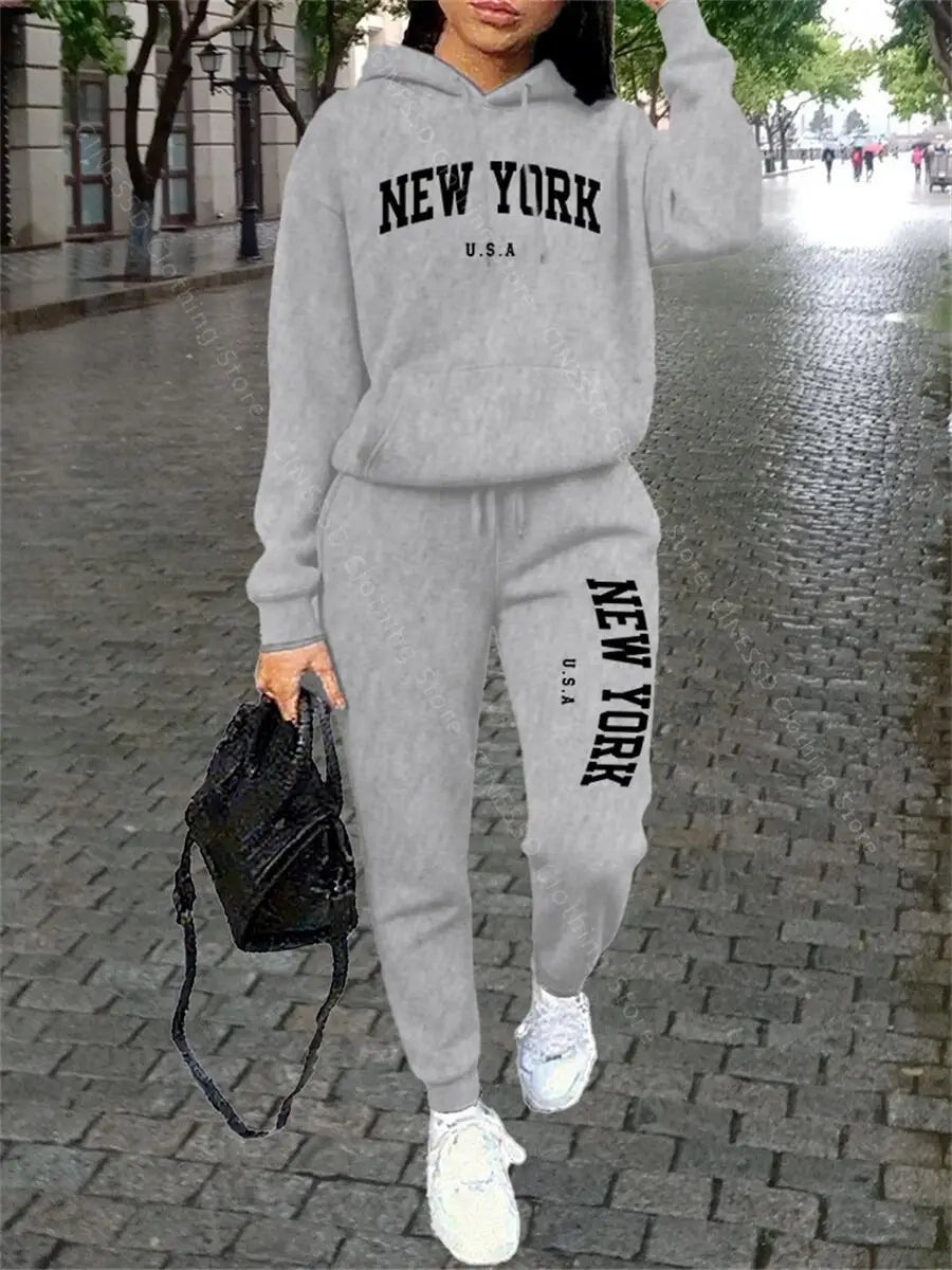 NEW YORK Women Sweatsuit Autumn Winter Two Piece Set Hoodie Pants High quality Loose Fashion Streetwear Ladies Tracksuit Outfits