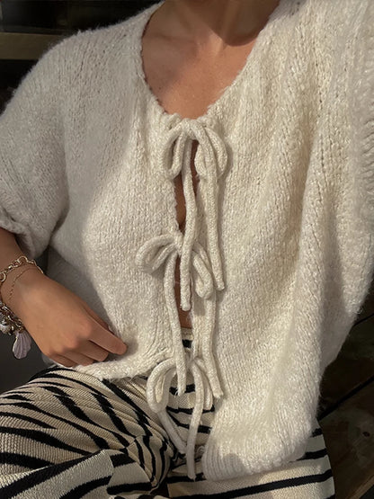 Bow Lace Up Hollow Out Knitted Cardigan  for Women