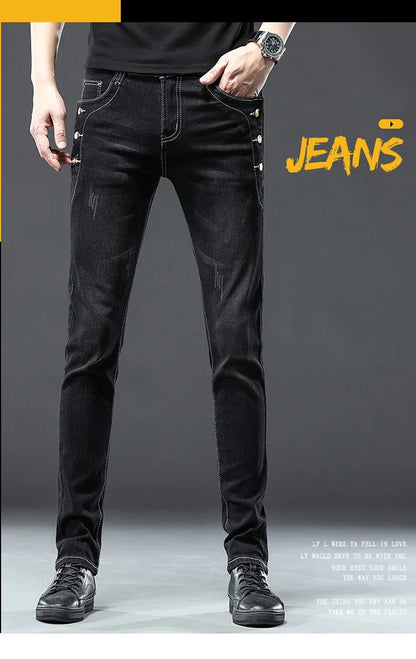 Classic Slim Vintage Fashion Men's Designer Jeans Snowflake Grey Wash Korean Fashion Stretch Pants Multi-button Denim Trousers