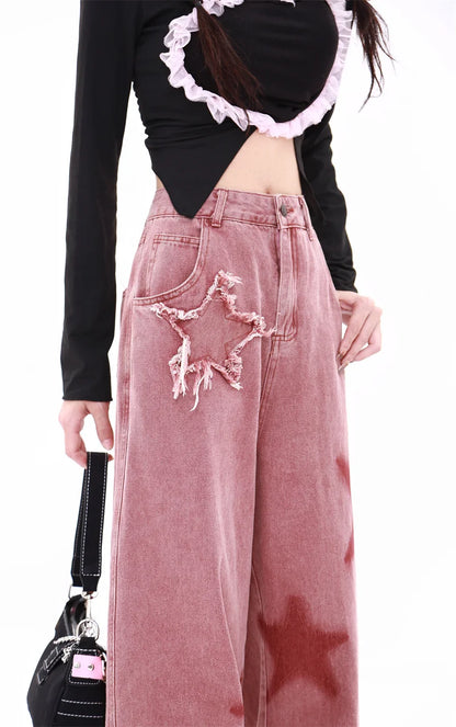 American Retro Jeans Five-point Star Raw Edge Splicing Loose Wide-leg Jeans Women Look Thin Trendy All-match Mopping Pants Women