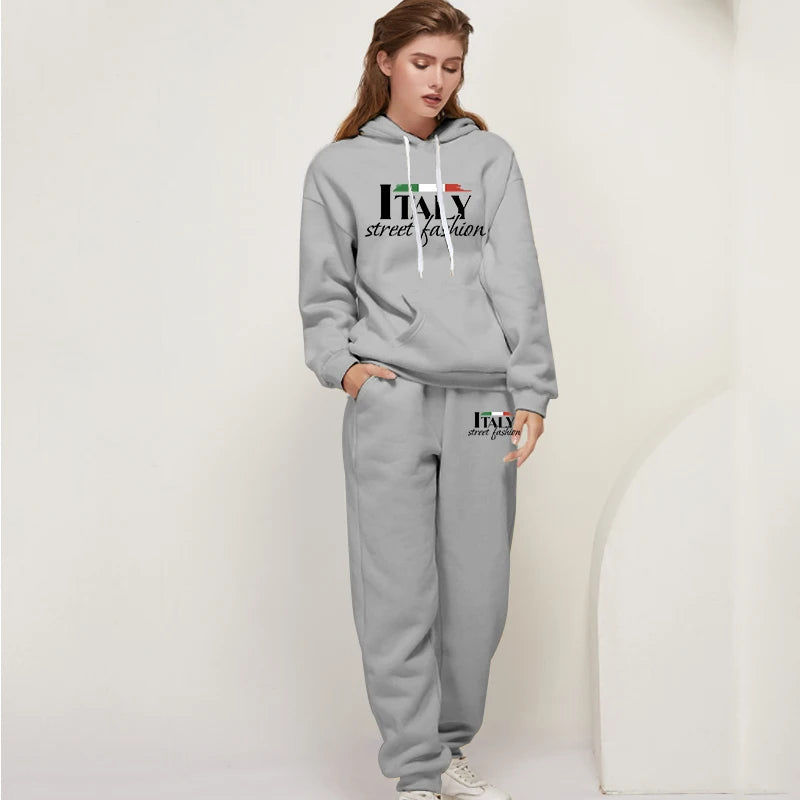 Womens Pants Suit Print Casual Hooded Sweatshirt Set Sports Jogging Woman Clothing AutumnWinter Office Home Tracksuit Street y2k