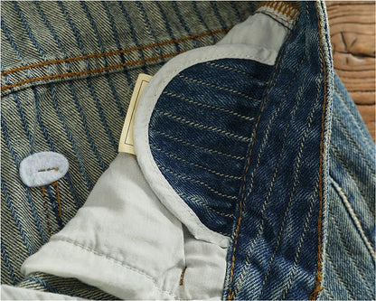 Heavy chunky jeans men vintage do old wash dark vertical texture of loose straight leg denim pants