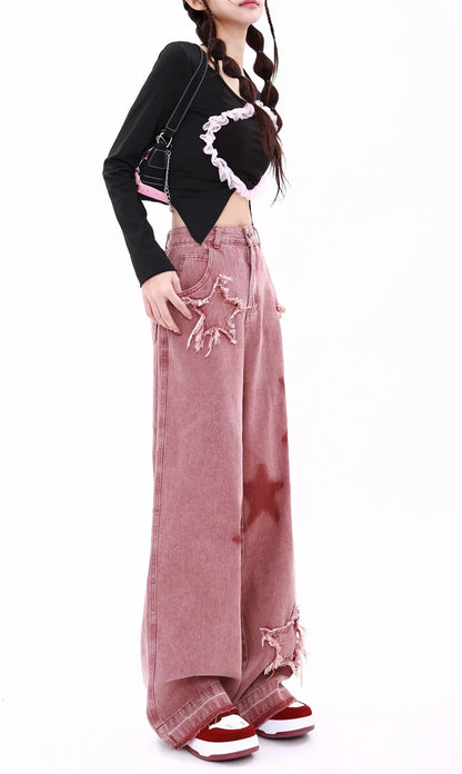 American Retro Jeans Five-point Star Raw Edge Splicing Loose Wide-leg Jeans Women Look Thin Trendy All-match Mopping Pants Women