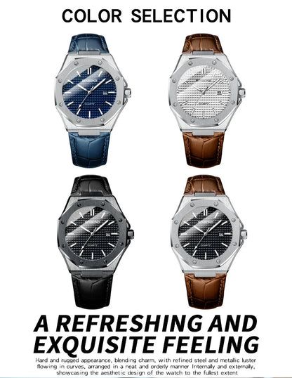 BINBOND Men's Watches Top Fashion Original Quartz Wrstwatch for Man Precision Steel Case Textured Dial Leather Strap Waterproof