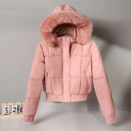 2024 Fashion Winter Short Parkas Women's Cotton-padded Jacket Fleece Liner Hooded Coats Thicken Fur Collar Warm Student Overcoat
