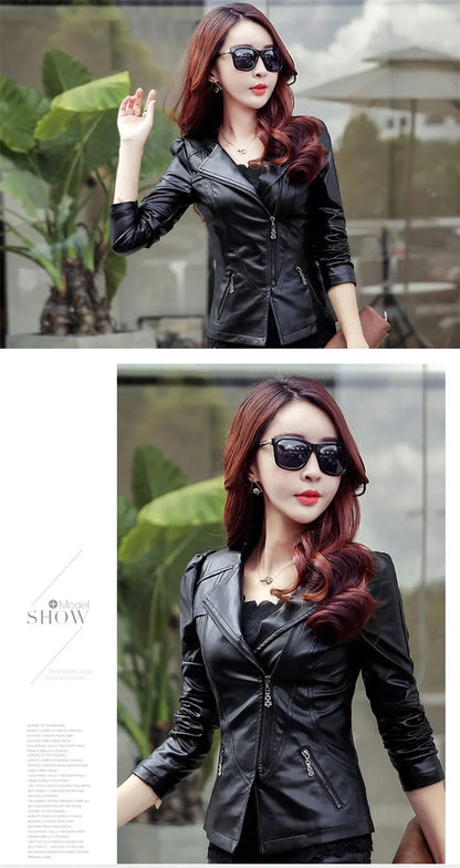 Fashion New Women's Leather Jacket Bright Colors Black Motorcycle Coat Short Faux Leather Biker Jacket Soft Jacket Female