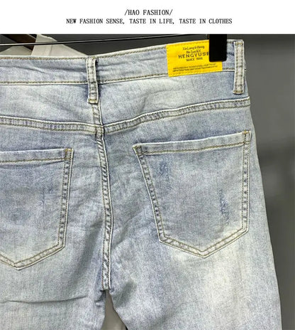 Summer Autumn Korean Designer Luxury Clothing Embroidered Slim Pencil Jeans Men Vintage Washed Casual Streetwear Cotton Trousers