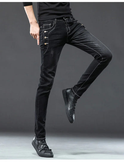 Classic Slim Vintage Fashion Men's Designer Jeans Snowflake Grey Wash Korean Fashion Stretch Pants Multi-button Denim Trousers