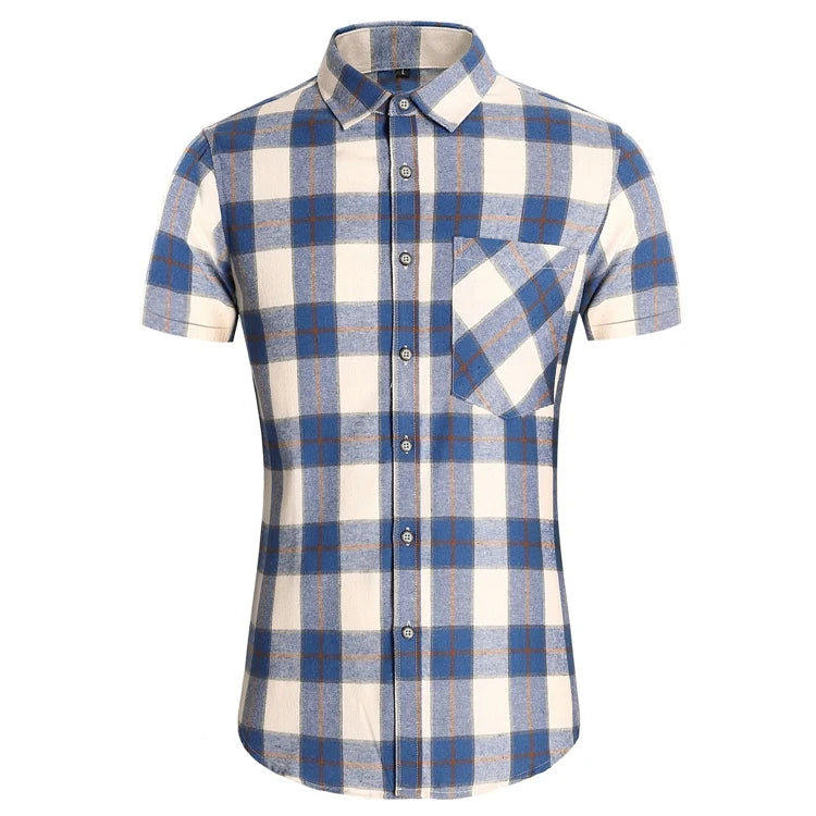 Striped Plaid Short Sleeved Shirt Men's Single-breasted Square Collar Cotton Shirts Summer Fashion Casual Camisa Men Chemise 7XL