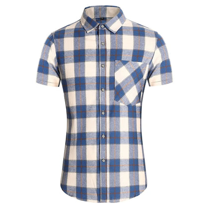 Striped Plaid Short Sleeved Shirt Men's Single-breasted Square Collar Cotton Shirts Summer Fashion Casual Camisa Men Chemise 7XL