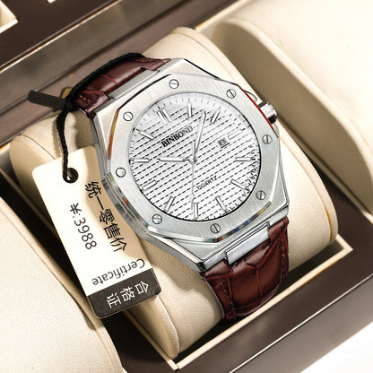 BINBOND Men's Watches Top Fashion Original Quartz Wrstwatch for Man Precision Steel Case Textured Dial Leather Strap Waterproof