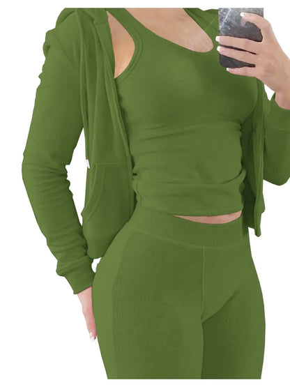 Autumn Winter Double-sided Velvet Vest 3 Piece Set For Woman's Fashion Hooded Sweatshirt Jacket Slim Pocket Trousers Female Suit