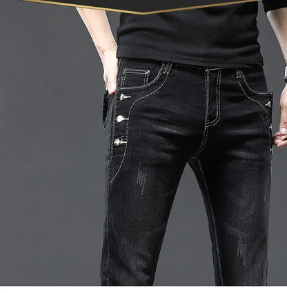 Classic Slim Vintage Fashion Men's Designer Jeans Snowflake Grey Wash Korean Fashion Stretch Pants Multi-button Denim Trousers