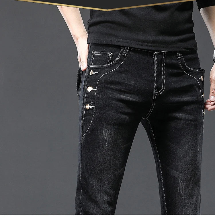 Classic Slim Vintage Fashion Men's Designer Jeans Snowflake Grey Wash Korean Fashion Stretch Pants Multi-button Denim Trousers