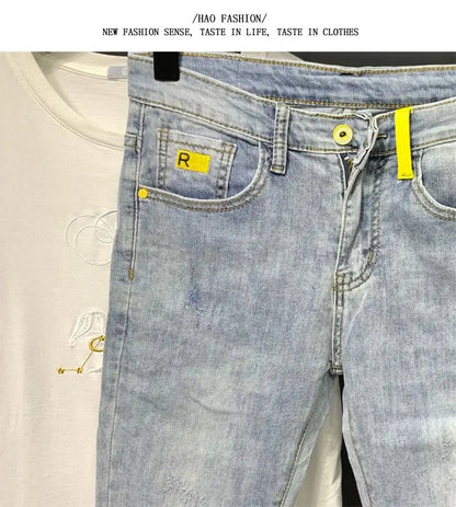 Summer Autumn Korean Designer Luxury Clothing Embroidered Slim Pencil Jeans Men Vintage Washed Casual Streetwear Cotton Trousers