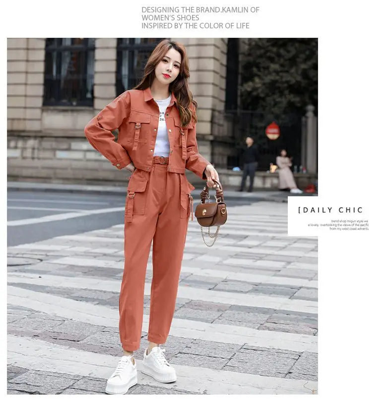 JOEVILU 2PCS Streetwear Tracksuit Cargo Coat Casual Pants 2 Piece Sets Women's Outfits Spring and Autumn Korean Fashion Y2k Suit