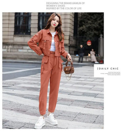 JOEVILU 2PCS Streetwear Tracksuit Cargo Coat Casual Pants 2 Piece Sets Women's Outfits Spring and Autumn Korean Fashion Y2k Suit