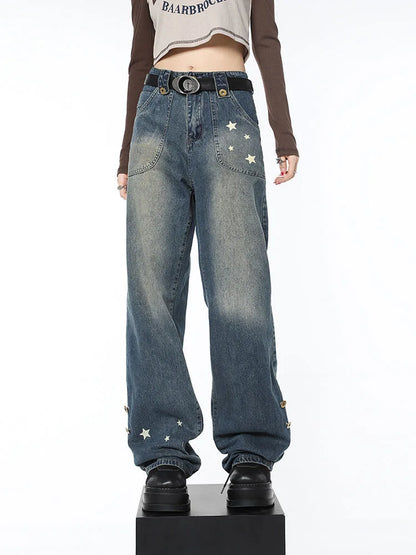 American Retro Jeans Five-point Star Raw Edge Splicing Loose Wide-leg Jeans Women Look Thin Trendy All-match Mopping Pants Women