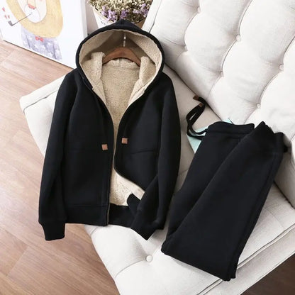 Women's Autumn Winter Plush Thickened Warm Tracksuits Casual Solid Zipper Long Sleeve Hooded Coat And Sweatpants Two Piece Sets
