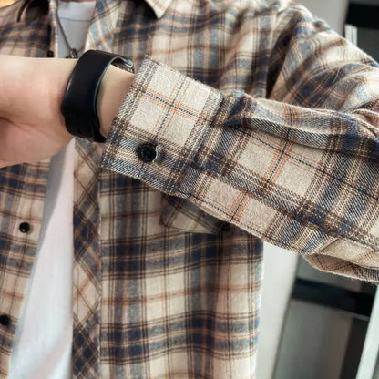 Men's Long Sleeved Checkered Shirt, Korean Slim Fit Jacket, Casual Student Trend Shirt, Lining