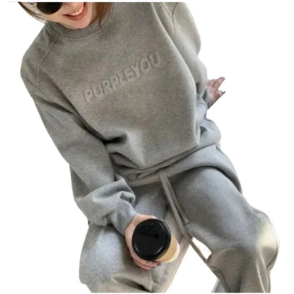Large Size Velvet Thickened Sports and Leisure Suit Women's Autumn and Winter New Fashion Loose Sweater Trousers Two-piece Set