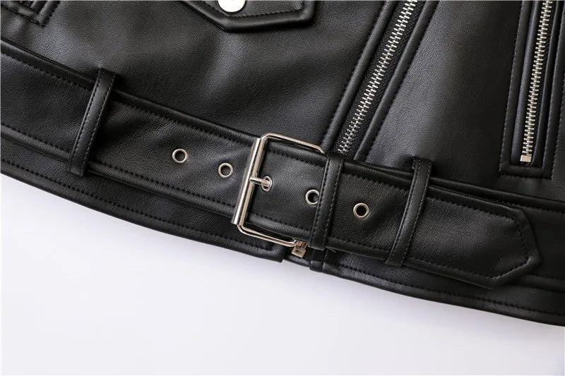 ZVRI classic black Spring and Autumn 2023 The new belt detachable epaulet motorcycle jacket leather jacket