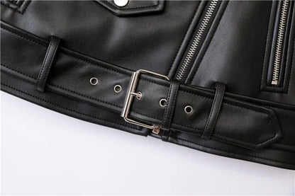 ZVRI classic black Spring and Autumn 2023 The new belt detachable epaulet motorcycle jacket leather jacket