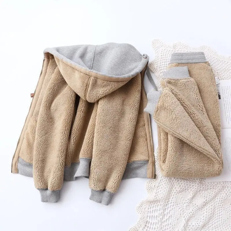 Women's Autumn Winter Plush Thickened Warm Tracksuits Casual Solid Zipper Long Sleeve Hooded Coat And Sweatpants Two Piece Sets