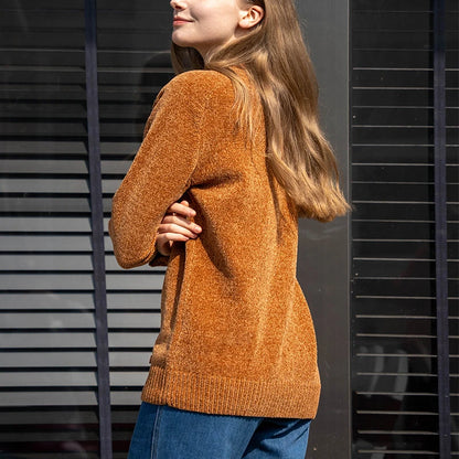 Chenille Sweater for Women O Neck Pullovers Ribbed Cuff Long Sleeve Knitted Tops Women Solid Sweater 2024 Cozy Sweaters Jumpers