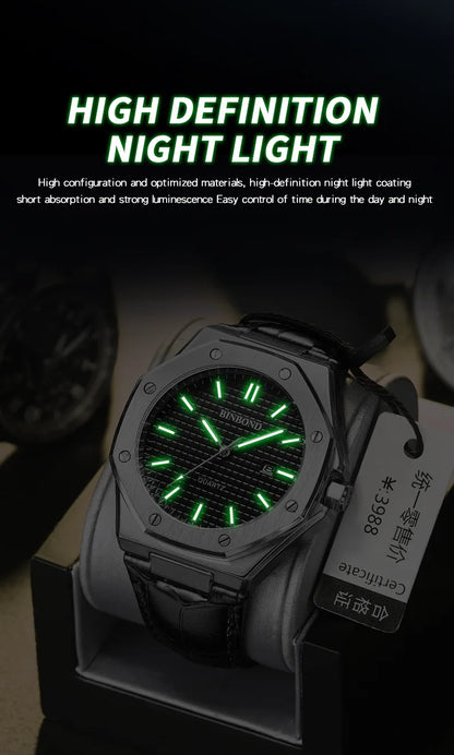 BINBOND Men's Watches Top Fashion Original Quartz Wrstwatch for Man Precision Steel Case Textured Dial Leather Strap Waterproof